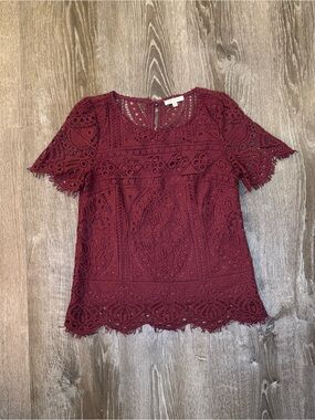 Skies Are Blue Burgundy Crochet Lace Short Sleeve Top